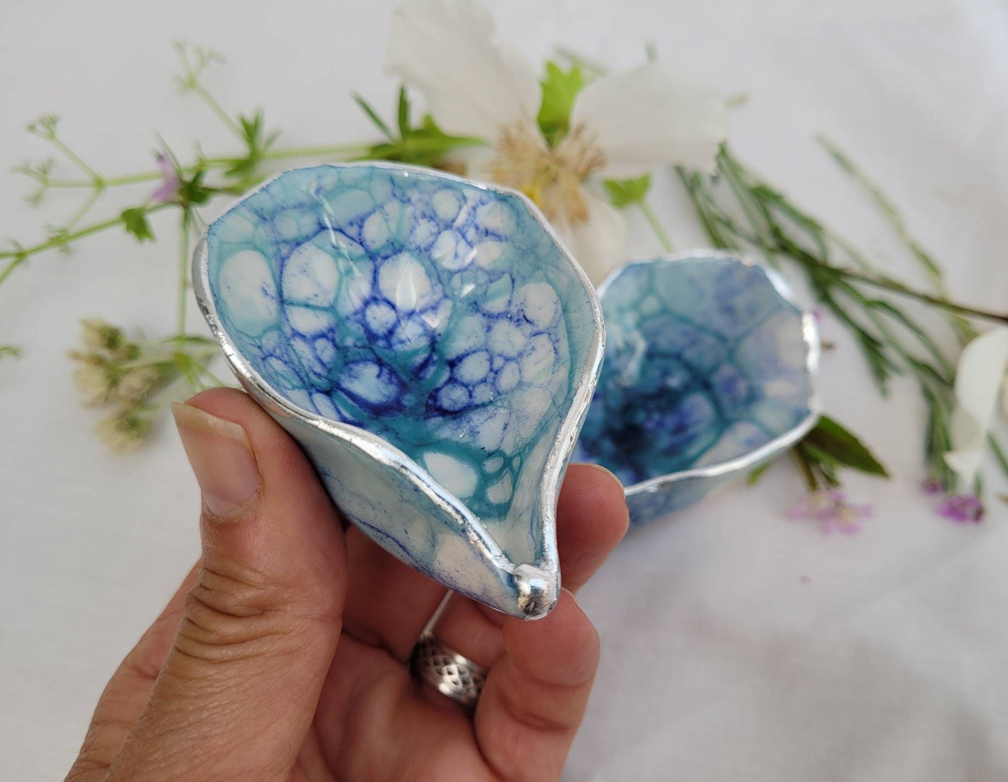 Porcelain Ring Dish: Bubble Glaze with Silver Gilding