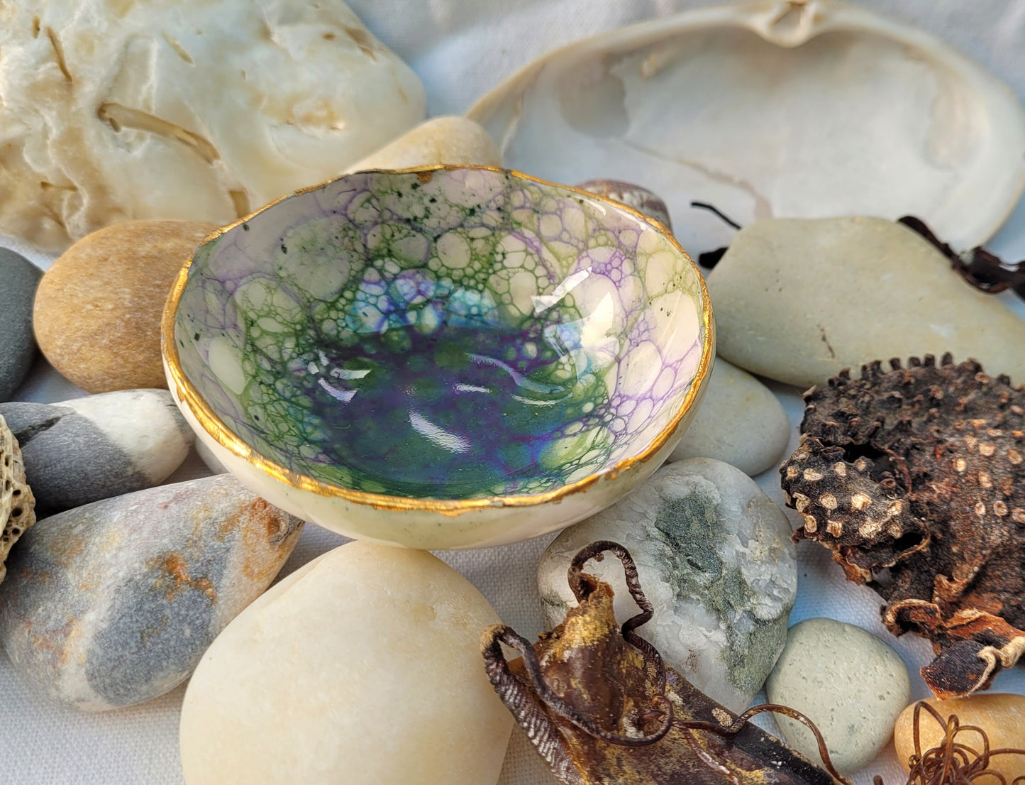 Trinket dish with green and purple bubble glaze