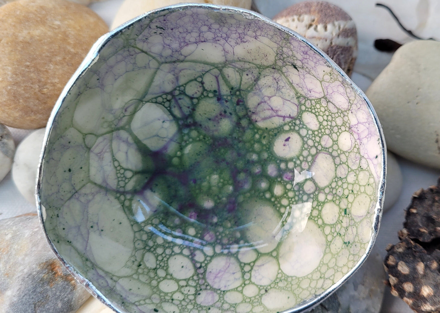 Trinket dish with green and purple bubble glaze