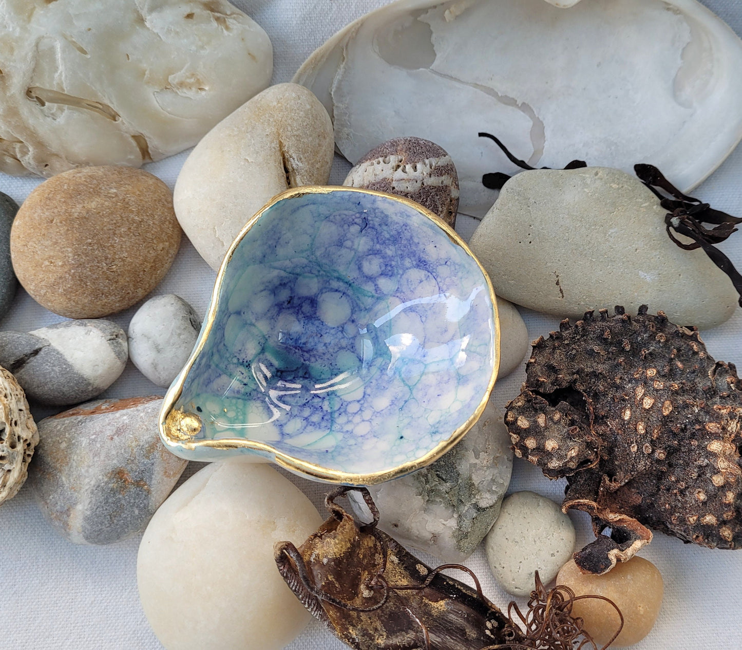 Porcelain Ring Dish: Bubble Glaze with Silver Gilding