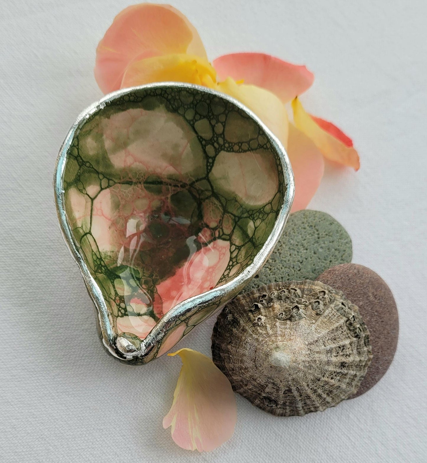Bubble Glaze Porcelain Ring Dish: Green and pink with gold or silver gilded edge