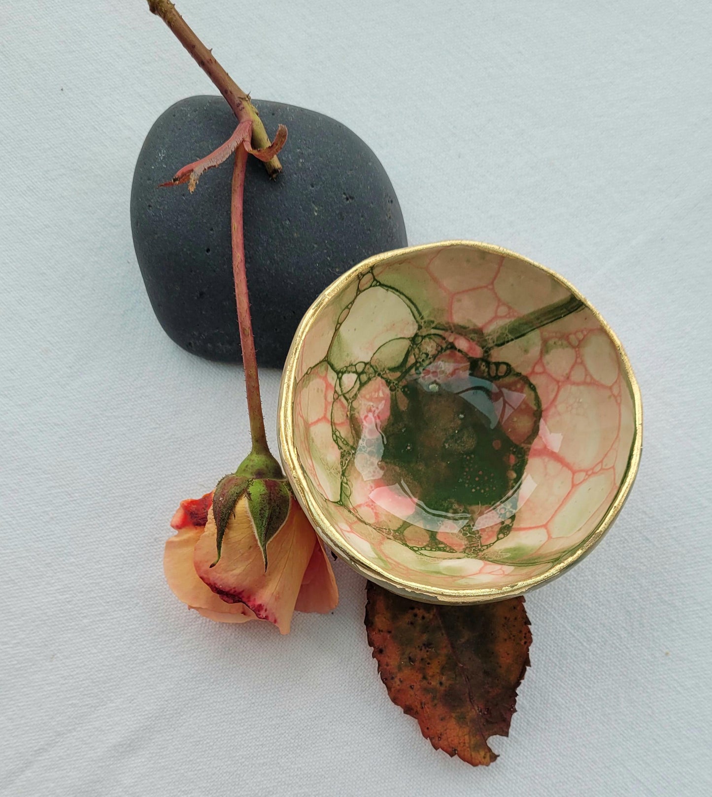 Bubble Glazed Trinket Dish: Round Jewelry Dish with Gold or silver leaf