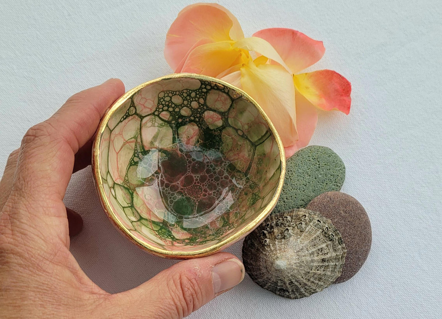 Bubble Glazed Trinket Dish: Round Jewelry Dish with Gold or silver leaf