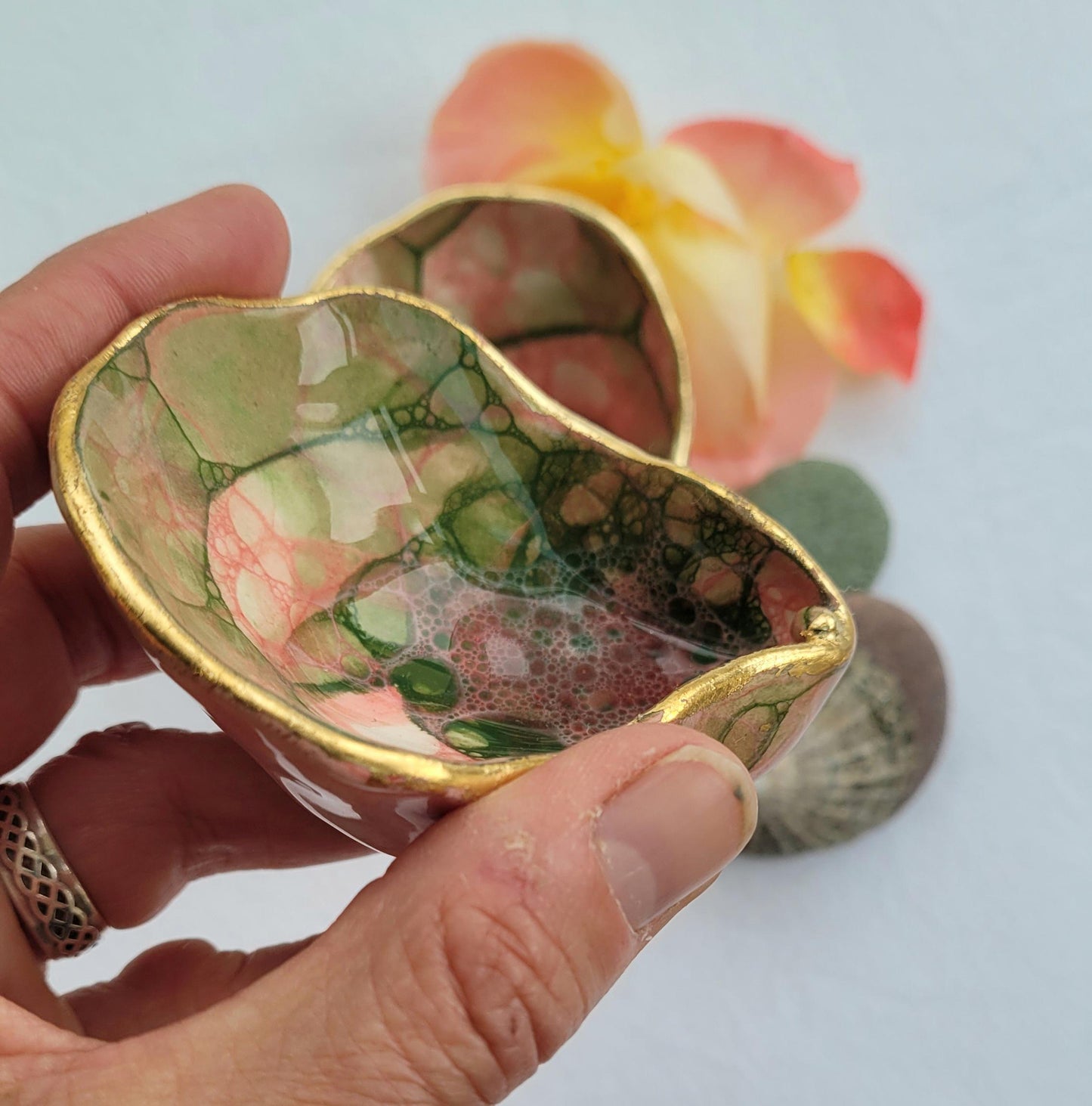 Bubble Glaze Porcelain Ring Dish: Green and pink with gold or silver gilded edge