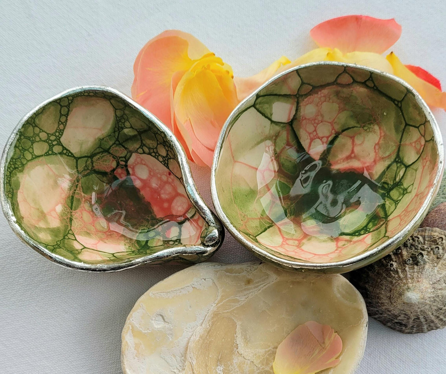 Bubble Glaze Porcelain Ring Dish: Green and pink with gold or silver gilded edge